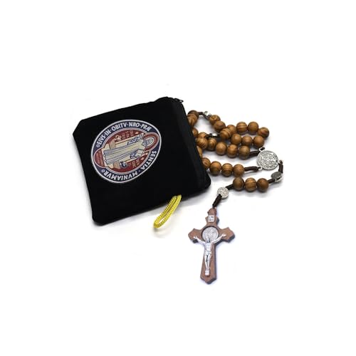SZQCZB Wooden Rosary Beads Catholic for Men, Saint Benedict Medal and Cross - Comes in Gift Pouch and 18pcs Prayer Cards - color: Brown