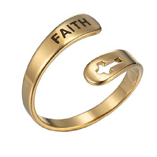 Caiyao Stainless Steel Christian Cross Engraved Love Faith Hope Blessed Ring Polished Opening Adjustable Letter Religious Ring for Women Men Birthday Jewelry Gift - color: H gold faith