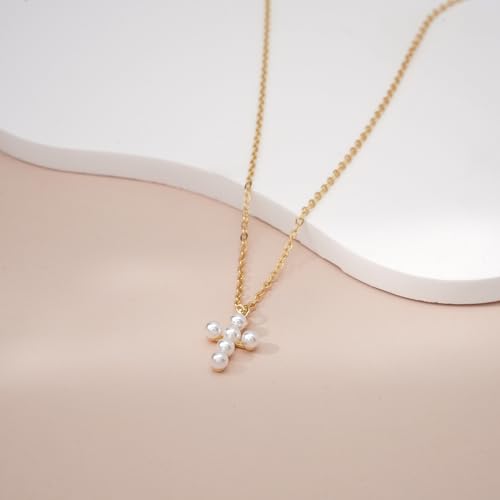 Cross Necklace for Women, Dainty 14K Gold Plated CZ Pendant - color: Gold-pearl cross