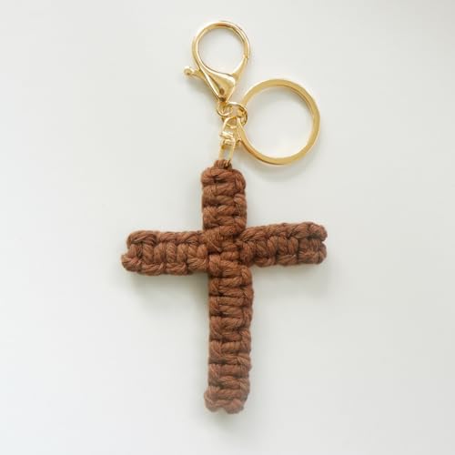 Pingyongchang Handmade Weave Cross Keychain Boho Macrame Jesus Christian Charm Keychain for Women Men - color: Brown