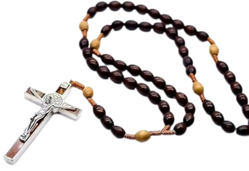 Deep Coffee Rice Shaped Wooden Bead Rope Woven Prayer Bead Necklace Cross Necklace