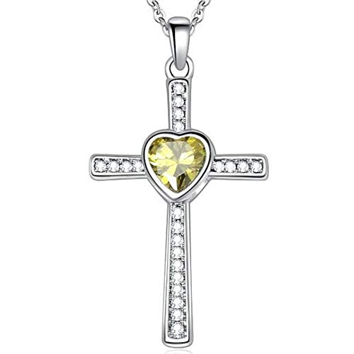 JUDE Stainless Steel Heart Birthstone Cross Statement Wedding Cocktail Party Pendant Necklace - color: Aug-Peridot
