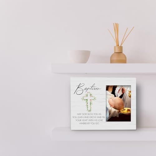 May God Bless You As You Learn And Grow- Baby Baptism Wooden Picture Frame, Gift from Godparents for Baby Shower, Christening Gifts from Godfather Godmother, for Tabletop or Wall Mounting (4x6 Inch Photo) - color: Baptism-3