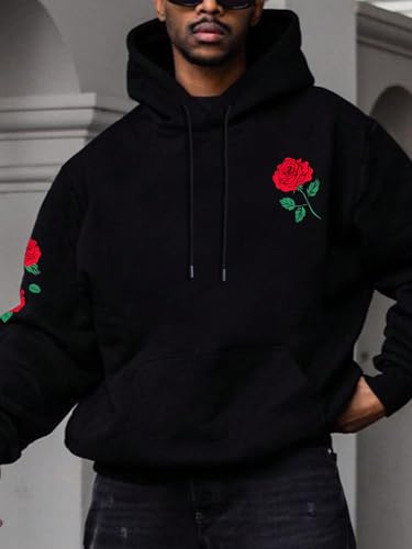 Floerns Men's Long Sleeve Hooded Casual Y2K Graphic Hoodies Sweatshirt - color: Black Rose Floral, size: Large