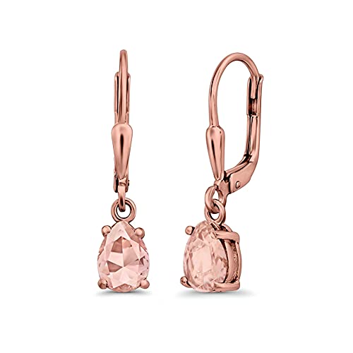 Teardrop Bridal Dangling Leverback Earrings Pear Cubic Zirconia 925 Sterling Silver - color: Rose Tone, Simulated Morganite CZ
