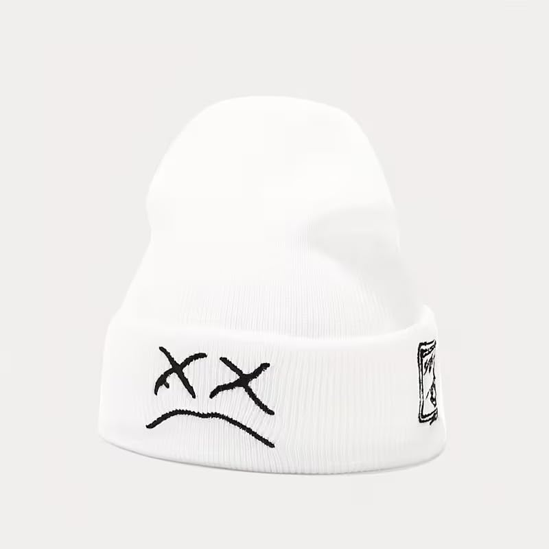 Unisex Stretch Warm Winter Skull Cap, Cold Weather Knit Beanie - color: White - Sad Face Embroidery