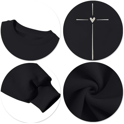 Christian Sweatshirts for Women Embroidered Jesus Cross Heart Print Shirt Inspirational Oversized Religious Pullover - color: Black, size: X-Large