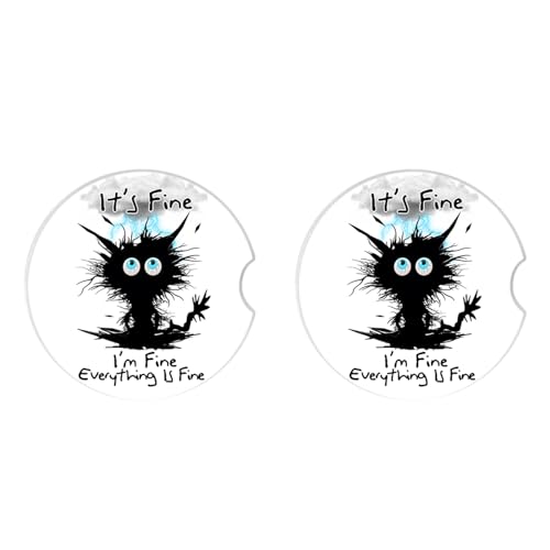 Car Coasters 2 Pack, Small 2.56" Ceramic Stone & Non-Scratch Cork Base Car Cupholder Absorbent Coaster Set for Women/Men Drink Cup Holder Coasters (I'm Fine Cat) BD-10 - color: Fire Cat