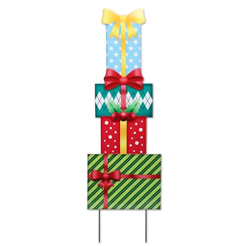 Christmas Yard Sign Decorations Outdoor Christmas Four Gift Boxes Yard Signs with Metal Stakes for Xmas Holiday Party Lawn Sign Garden Decor Outdoor Yard Signs - style: Gift boxes
