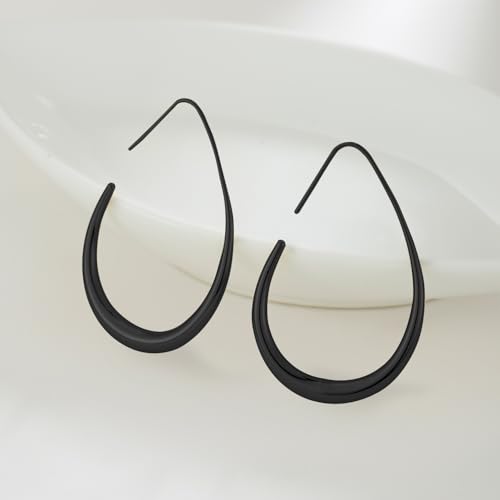 Lightweight Teardrop Hoop Earrings for Women - 14k Gold/White Gold Plated Large Oval Pull Through Hoop Earrings High Polished Statement Jewelry Gift for Women - color: Black 50*30