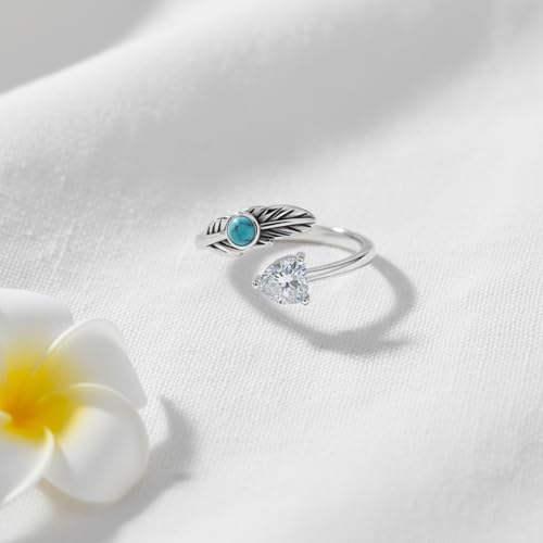 Turquoise/Moss Agate/Moonstone/Black Onyx/Lapis Lazuli/Labradorite/Tiger Eye Feather Ring 925 Sterling Silver Adjustable Ring Western Vintage Jewelry Gifts for Women - color: White-A19