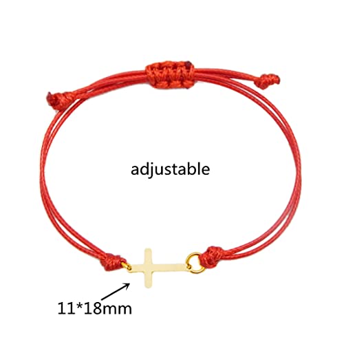 COLORFUL BLING Gold Silver Stainless Steel Sideways Cross Bracelet Adjustable Braided String Faith Hope Blessed Woven Rope Wrist Cuff for Men Women Protection Amulet Jewelry - color: gold red