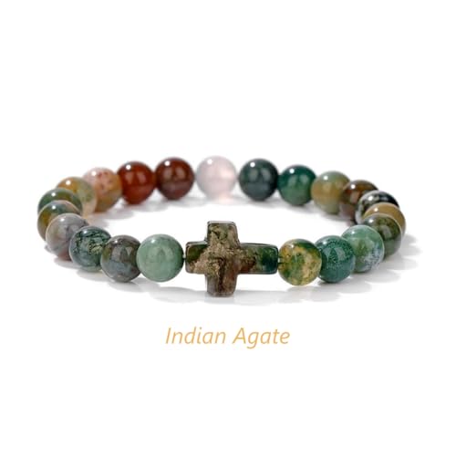8mm Gemstone Cross Bracelet for Women Men – Stretch Beaded Faith Bracelet with Sideways Cross (Multiple Colors) - style: Indian Agate