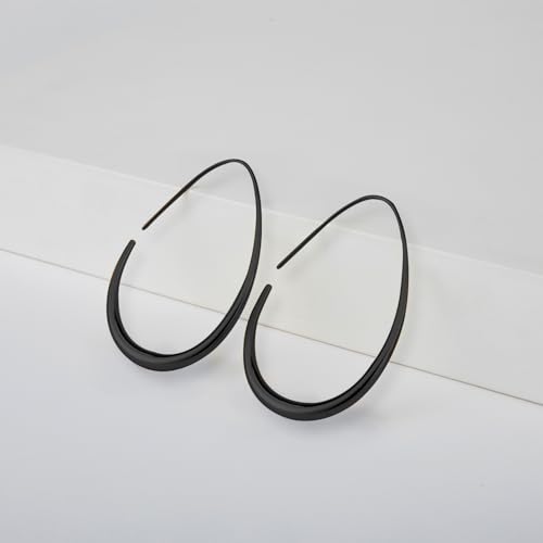 Lightweight Teardrop Hoop Earrings for Women - 14k Gold/White Gold Plated Large Oval Pull Through Hoop Earrings High Polished Statement Jewelry Gift for Women - color: Black 30*18
