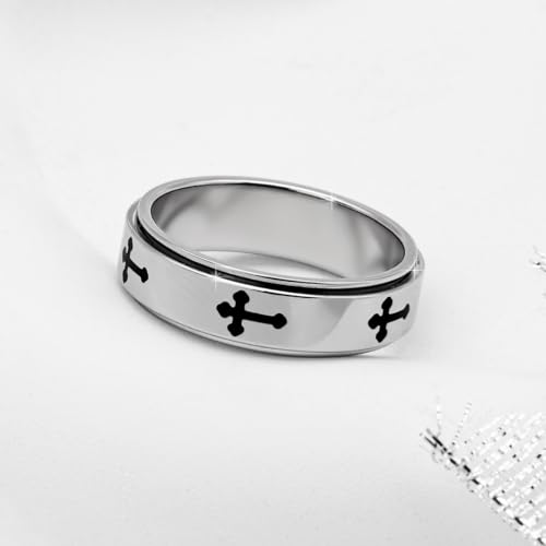 Fidget Toys Adults Spinner Women, Cross Anxiety Relief Stainless Steel Dual Layers Thumb Jewelry Spinning Band Silver Gold Plated Size 6 7 8 9 10 (A-Silver-Cross, Size 10) - color: A-Silver-Cross, size: Size 10