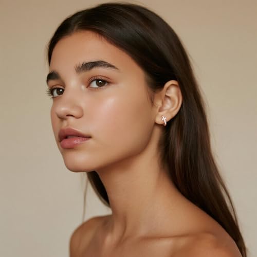 Reffeer Solid 925 Sterling Silver CZ Cross Hoop Earrings for Women Teen Girls Cross Huggie Earrings Cartilage Helix - color: C-Rose Color