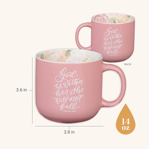 Christian Art Gifts Ceramic Coffee Mug: Psalm 46:5 Bible Verse - color: God is Within Her/Pink Floral, size: 14 Ounces