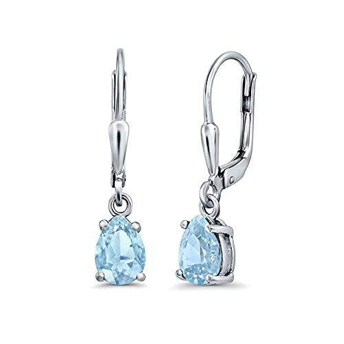 Teardrop Bridal Dangling Leverback Earrings Pear Cubic Zirconia 925 Sterling Silver - color: Simulated Aquamarine CZ