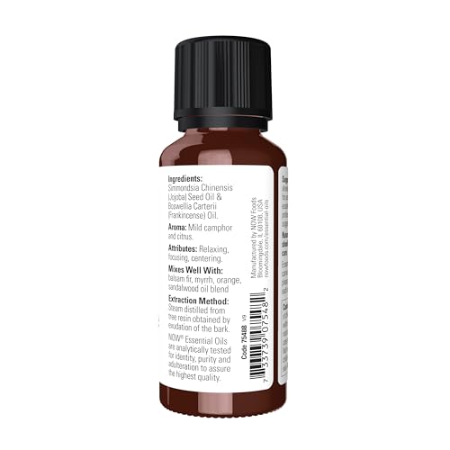 NOW Essential Oils, Frankincense Oil Blend, 20% Blend of Pure Frankincense Oil in Pure Jojoba Oil, Centering Aromatherapy Scent, Steam Distilled, Vegan, Child Resistant Cap, 1-Ounce