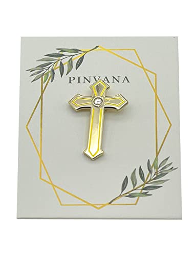 Religious Cross Lapel Pin - Gold Enamel with rhinestone