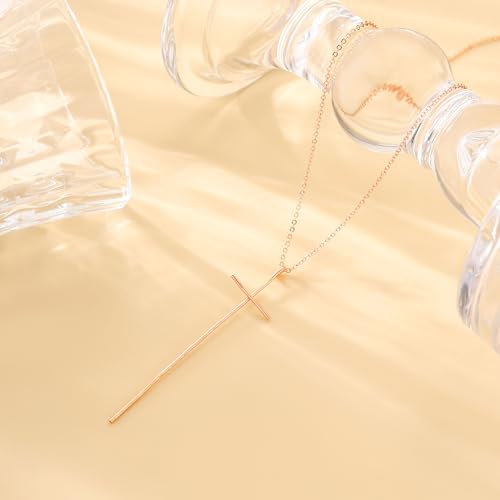 14K Gold Plated Long Hammered Cross Necklace for Women Religious Faith Jewelry Christian Gift - color: Rose Gold Plated, size: 45cm