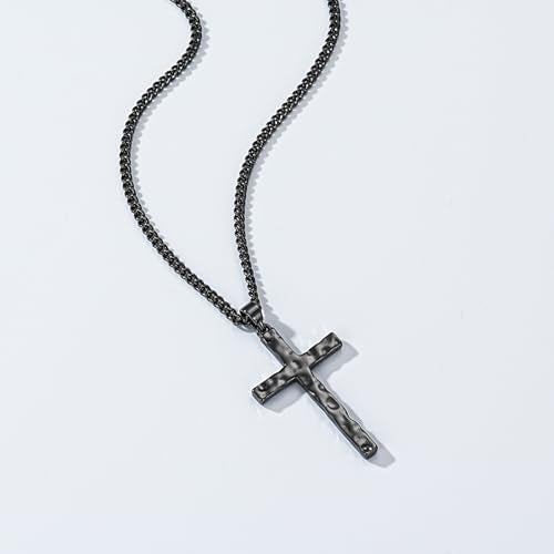 Cross Necklace for Men Boys - Hammered Cross Pendant with Cuban Chain Unique Crucifix Necklaces Christmas Christian Religious Jewelry Gifts 22+2 Inches - color: Black