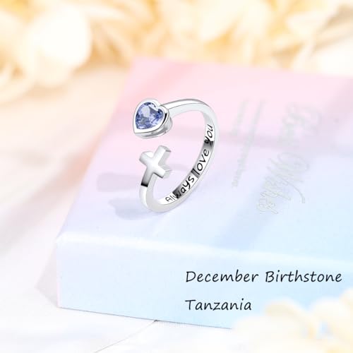Adjustable Cross Ring for Women 925 Sterling Silver Fine Jewelry Gift for Her, Inspiration Christian Ring Faith Hope Love Cross Ring, Birthstone Ring - color: 12-Dec