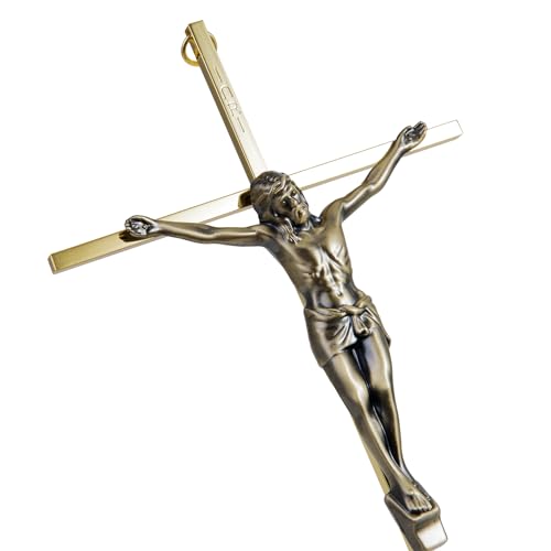ALDENTA Crucifix Wall Cross, 10 Inch Gold Catholic Metal Cross with Jesus - color: Shiny Gold