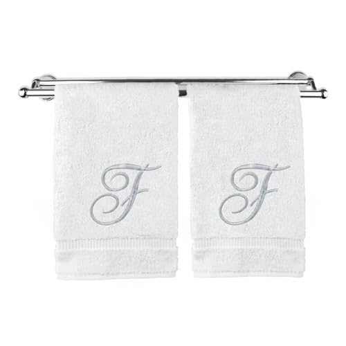 Pretty Monogrammed White Turkish Cotton Bath Hand Towel Set of 2 with Embroidered Silver Script F | 16"x 30" Soft Terry Finish Extra Absorbent Quick Dry Plush Luxury Bathroom Kitchen Spa Bath Towel