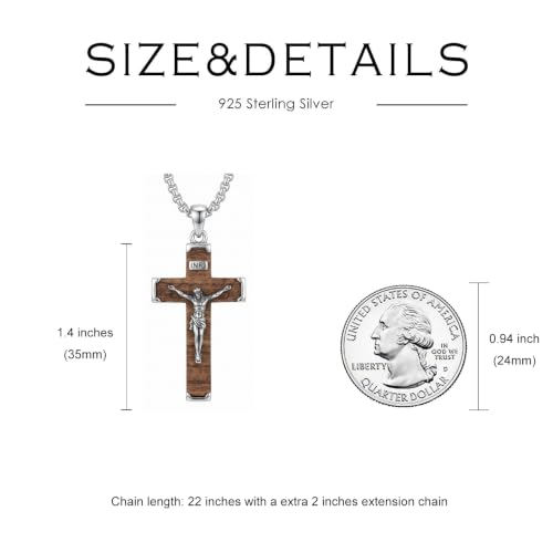 Cross Necklace for Men 925 Sterling Silver & Wood Cross Pendant with Stainless Steel Chain Cross Necklace for Men Women Christian Jewelry Gift - color: Crucifix
