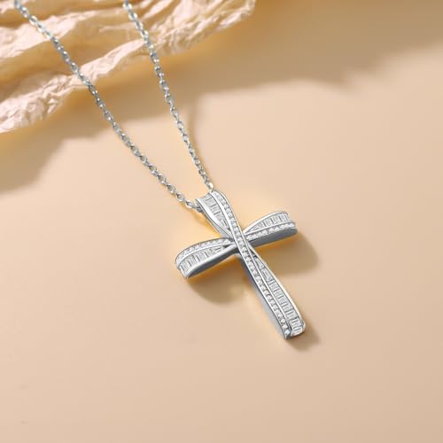 Cross Necklace for Women, 925 Sterling Silver 18K Gold Plated Cross Necklaces for Women, Cross Pendant with 5A Cubic Zirconia Diamond, Birthday Christmas Jewelry Gifts for Women Her Wife - color: White gold