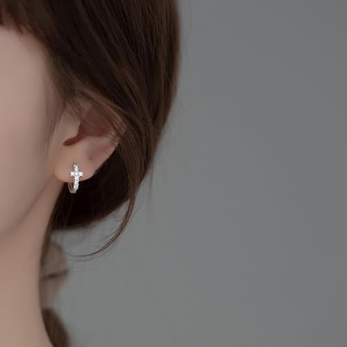Reffeer Solid 925 Sterling Silver CZ Cross Hoop Earrings for Women Teen Girls Cross Huggie Earrings Cartilage Helix - color: A-Silver