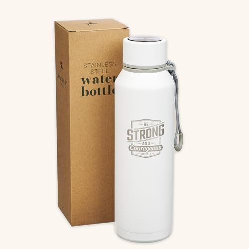 Christian Art Gifts Stainless Steel Double Wall Vacuum Sealed Insulated Water Bottle for Men & Women: Strong & Courageous Laser Engraved Inspirational Scripture, Leak-proof, Carry Loop, White, 24 oz. - color: White/Be Strong