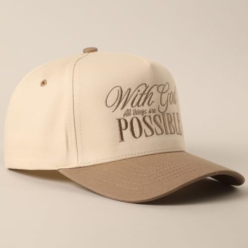 MIRMARU Christian Theme 5 Panel Embroidered Cotton Trucker Hat with Inspirational Faith Sayings for Men and Women - color: With God All Possible, Beige