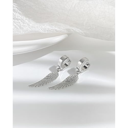 Angel Wings Huggie Hoop Earrings for Women Men Punk Stainless Steel Silver Feather Dangle Drop Earrings Trendy Mini Small Cuff Hoop Earring Hypoallergenic Wing Statement Earring Halloween Birthday Party Jewelry