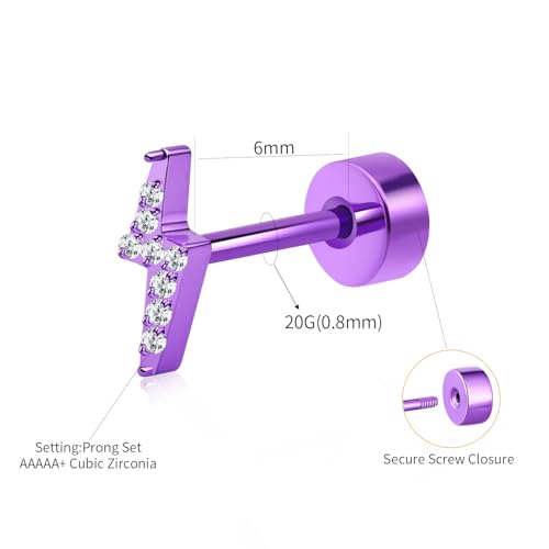 XUU 20G Flat Back Stud Earrings ASTM F136 Titanium & Sparkling CZ - color: purple lightning bolt