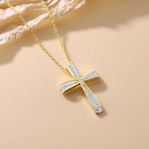 Cross Necklace for Women, 925 Sterling Silver 18K Gold Plated Cross Necklaces for Women, Cross Pendant with 5A Cubic Zirconia Diamond, Birthday Christmas Jewelry Gifts for Women Her Wife - color: Gold color