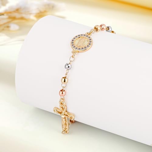 Rosary Cross Bracelet for Women, Gold Virgin Mary Rosary Beads Catholic Bracelet - style: rosary and cross