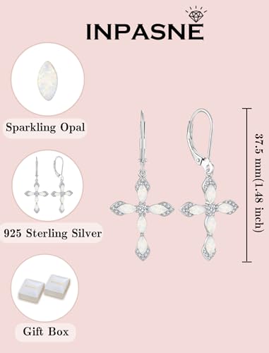 Birthstone Cross Earrings for Women 925 Sterling Silver - color: 10 October - Opal