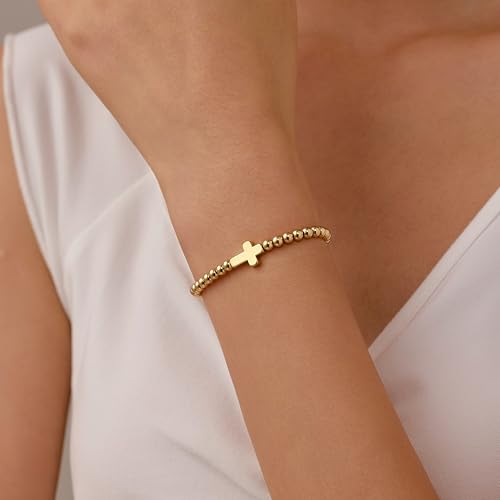 GINAZAL Gold Bead Bracelet for Women, Hypoallergenic Fade-Resistant | Brass | 14K Gold |Cubic Zirconia - color: Cross