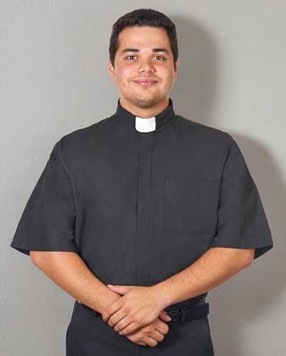 Men's Tab Collar Clergy Shirt Short Sleeves - color: Black, size: 19"-19.5" Neck