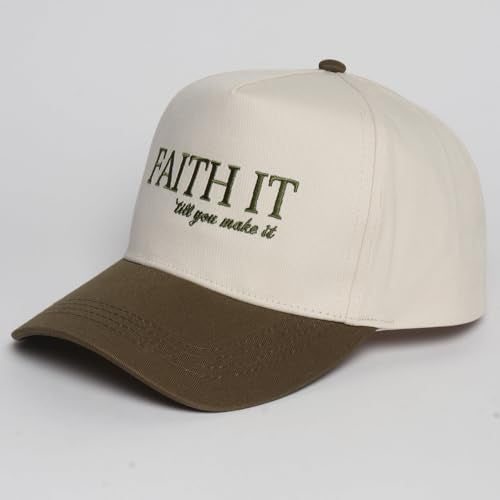 MIRMARU Christian Theme Embroidered 5 Panel Cotton Trucker Hat Snapback Cap for Men and Women - color: Faith It, Olive