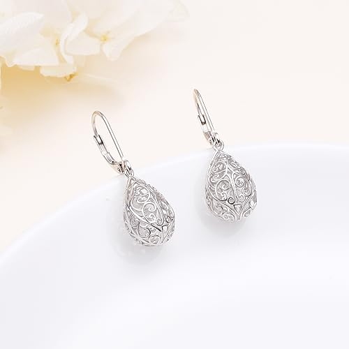 925 Sterling Silver Filigree Dangle Drop Leverback Teardrop Earrings - color: Heart Filigree Earrings