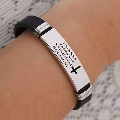 Inspirational Quote Cross Bracelets Faith Christian Bible Verse Silicone ID Wristband Religious Gifts for Men Women Stainless Steel Rubber Adjustable - style: Do not fear,for I am with you