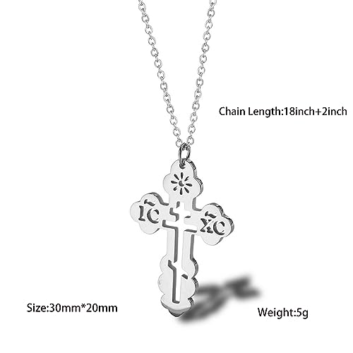 Stainless Steel Eastern Orthodox Cross Pendant Necklace,18K Gold Plated Women Religious Cross Christ Necklace Jewelry 18 Inch Chain - color: Silver