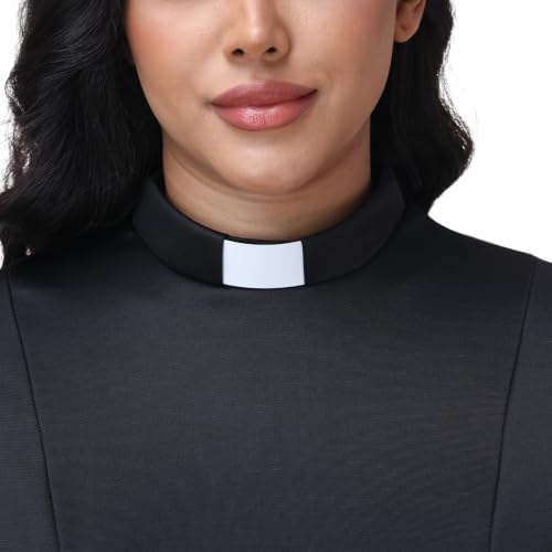 Women's Short Sleeve Clergy T-Shirt - Tab Collar with Back Zipper & Adjustable Collar, Removable White Tabs Minister Top - size: Medium