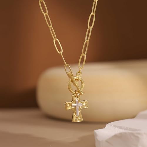 Chunky Cross Necklace for Women, 14K Gold Plated/Silver Statement Cross Pendant Necklace Simple Chunky Charm Necklace Big Gold Necklaces for Women Trendy Faith Jewelry Gifts - color: Chunky Cross GD