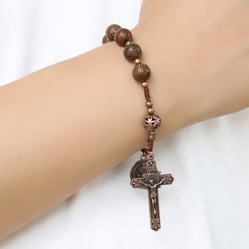 Nazareth Store Wood Beads One Decade Rosary Handmade Pocket Car Mirror with Saint Medal and Jesus Cross in Antique Bronze Wooden Travel Friendly Rosary - style: St benedict & St benedict cross