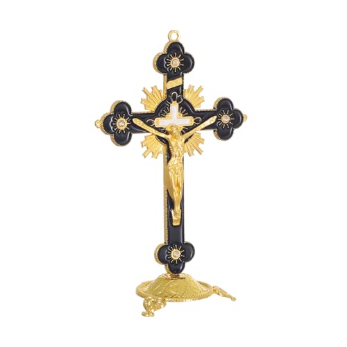 KOMI 5 Inch Catholic Metal Jesus Cross Standing, Black Enamel Crucifix for Home Decoration, Table Crucifix Religious Gift - color: black-gold