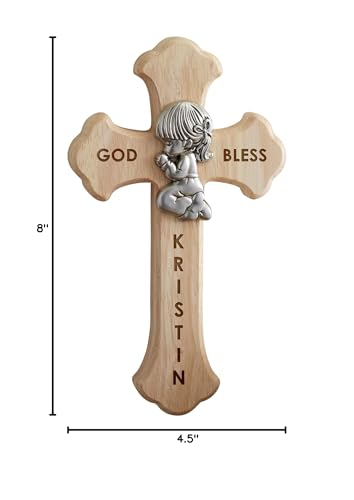 Personalization Universe Prayerful Girl Engraved Wood Cross, Baptism & First Communion Keepsake Wall Decor, Christian Wall Art, Home Decor Wall Cross - 8" x 4.5" Oak Wood & Zinc Alloy